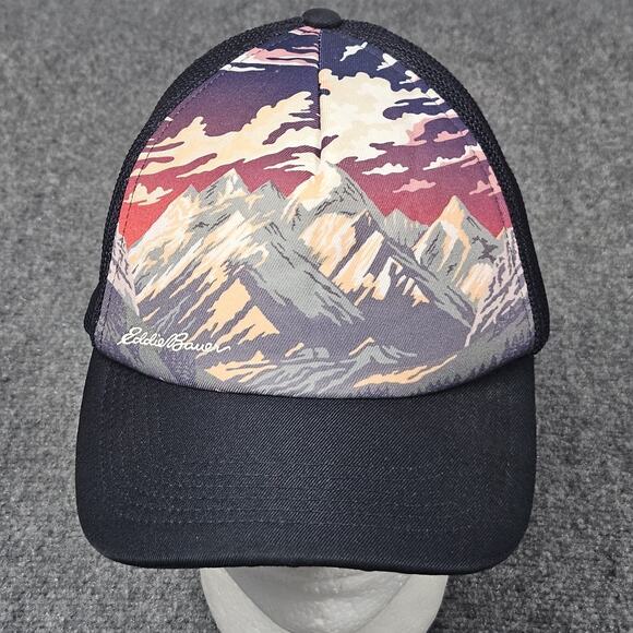 Eddie Bauer Black Trucker Hat Mountain Graphic Mesh Snapback Cap Nature Outdoor - Picture 1 of 7